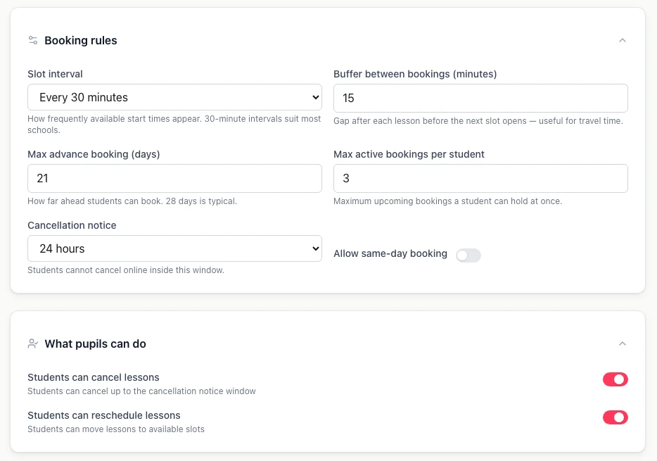 The Booking rules and What pupils can do settings: slot interval every 30 minutes, 15 minute buffer, 21 days maximum advance booking, three active bookings per student, 24 hour cancellation notice, same-day booking off, and switches allowing students to cancel and reschedule.