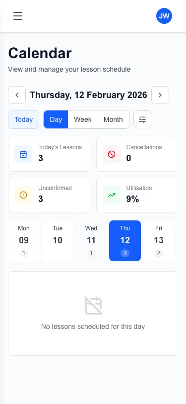 Daily calendar view on mobile showing scheduled lessons with instructor and vehicle details
