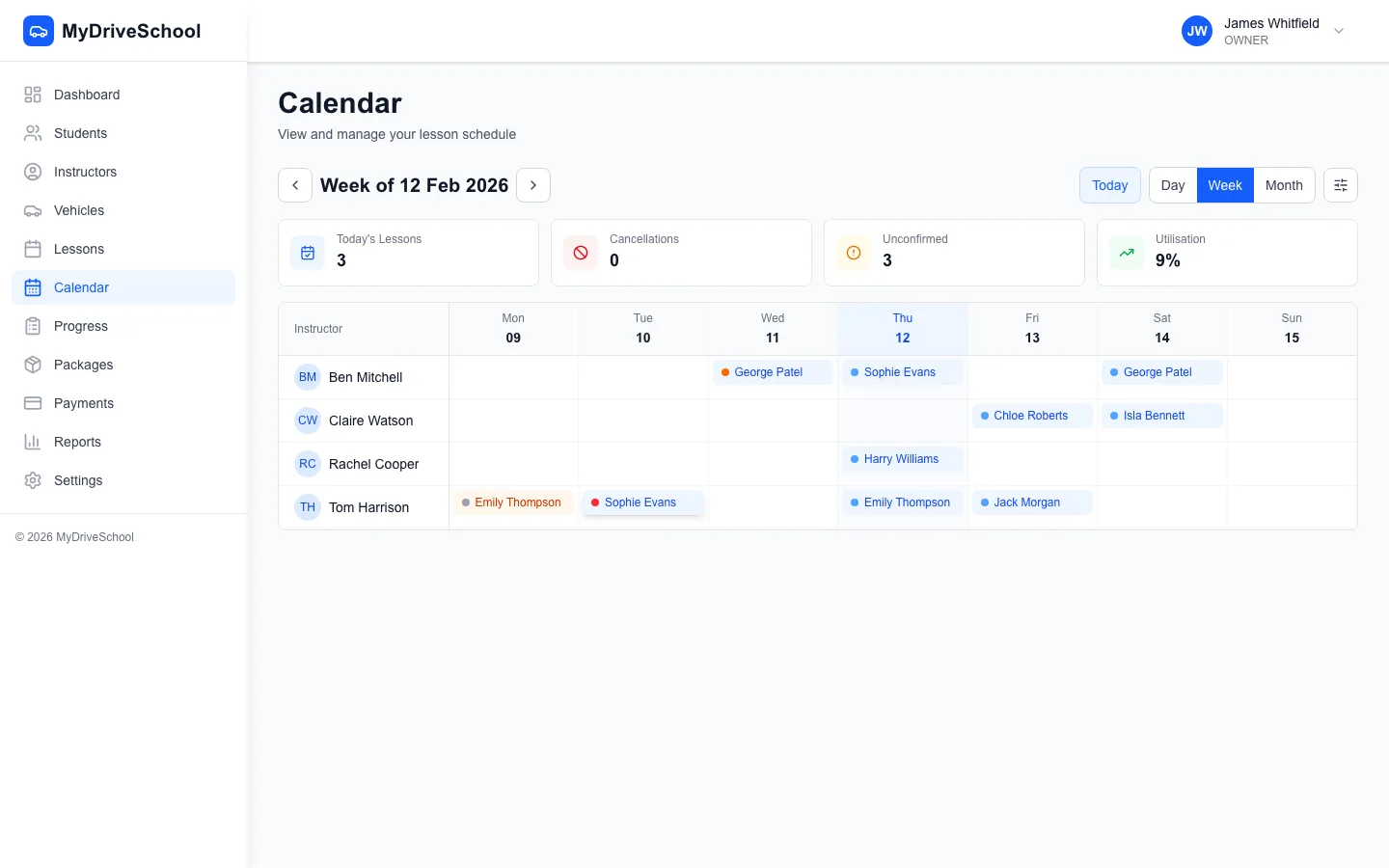 Interactive weekly calendar with colour-coded lessons across multiple instructors and drag-and-drop scheduling