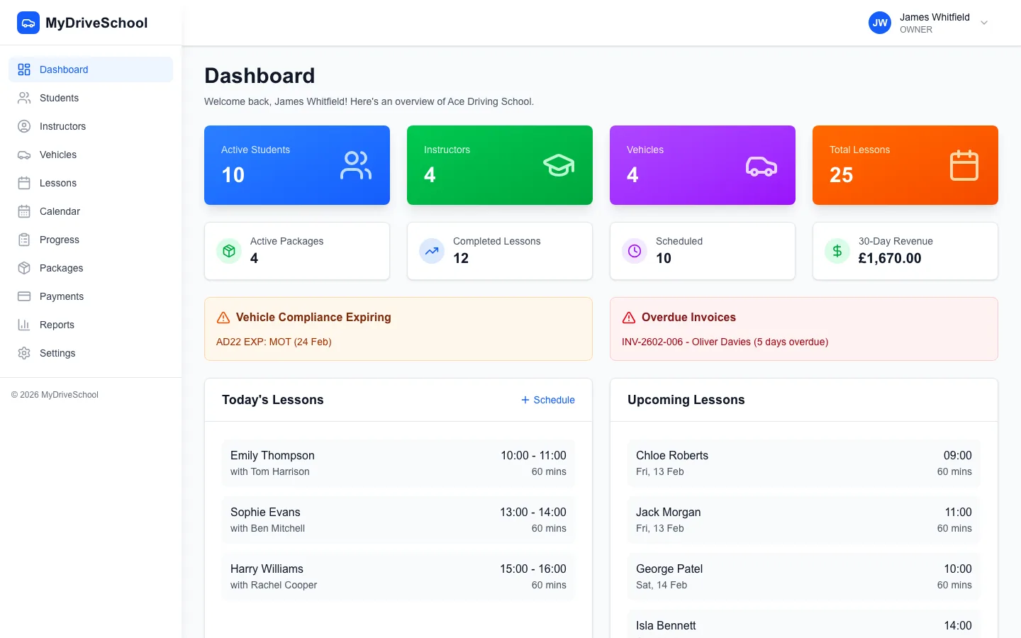 MyDriveSchool dashboard showing business metrics, today's lessons, compliance alerts, and quick action buttons