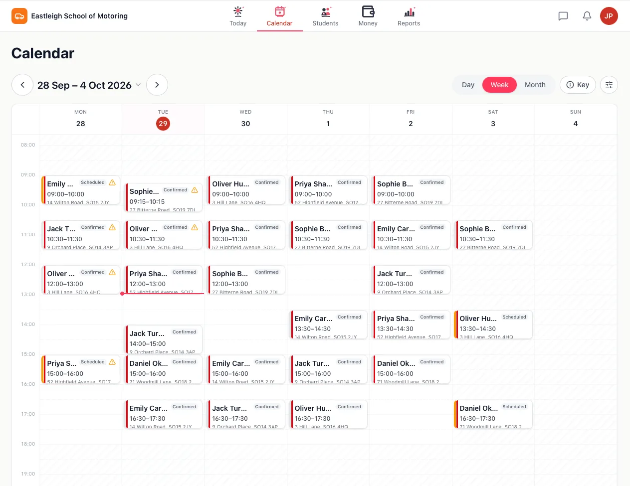 Interactive weekly calendar with colour-coded lessons across multiple instructors and drag-and-drop scheduling