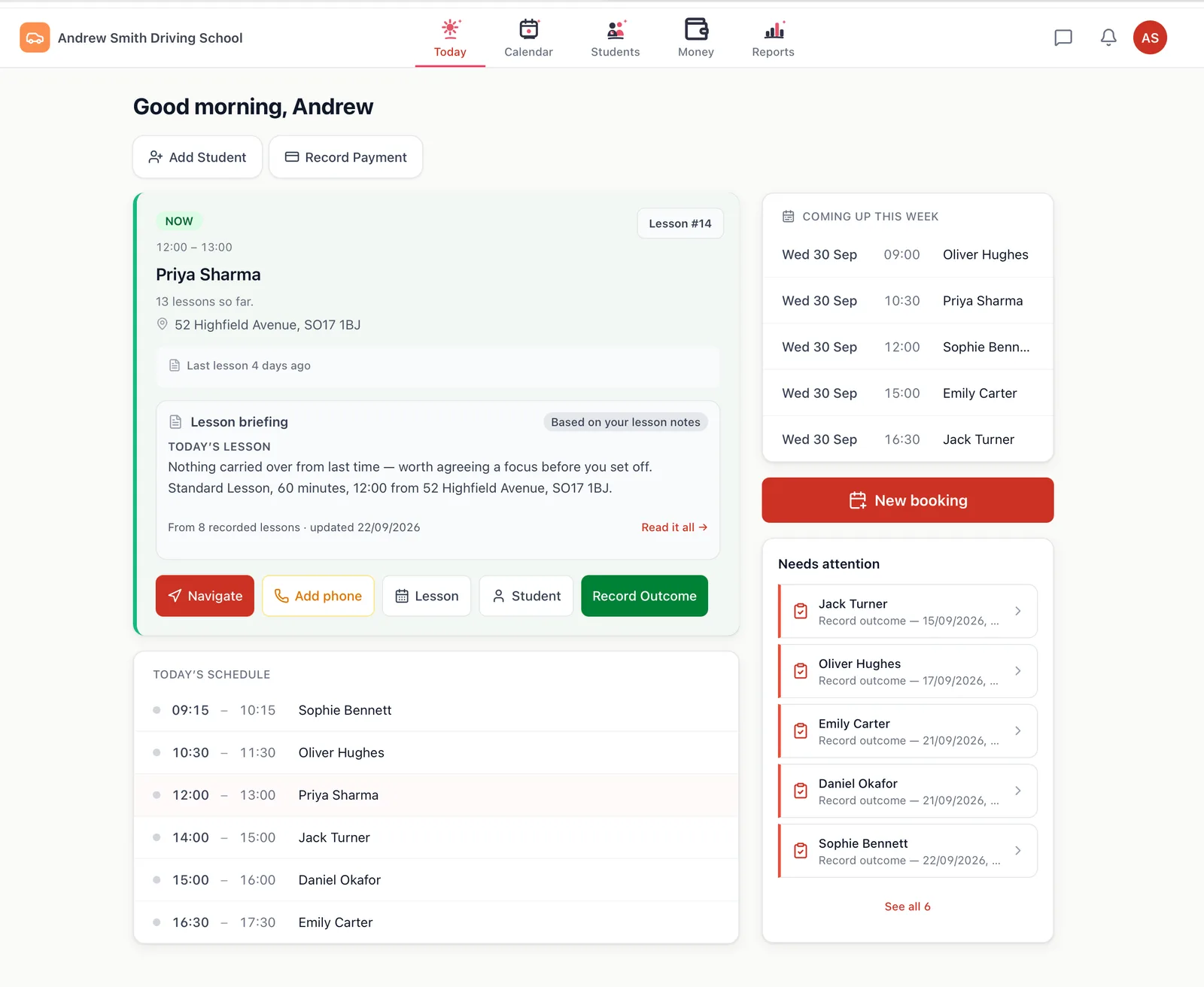 DriveSchoolPro dashboard showing business metrics, today's lessons, compliance alerts, and quick action buttons
