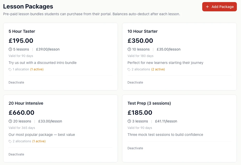 The Lesson Packages settings screen with four packages: a 5 lesson taster at £195, a 10 lesson starter at £350, a 20 lesson intensive at £660 and a 3 session test prep package at £185, each showing the price per lesson and how long it is valid.