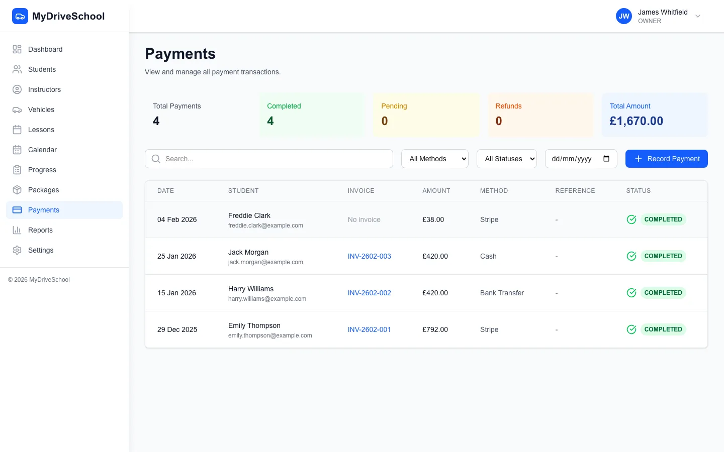 Professional invoice with itemised charges, VAT breakdown, and email delivery status