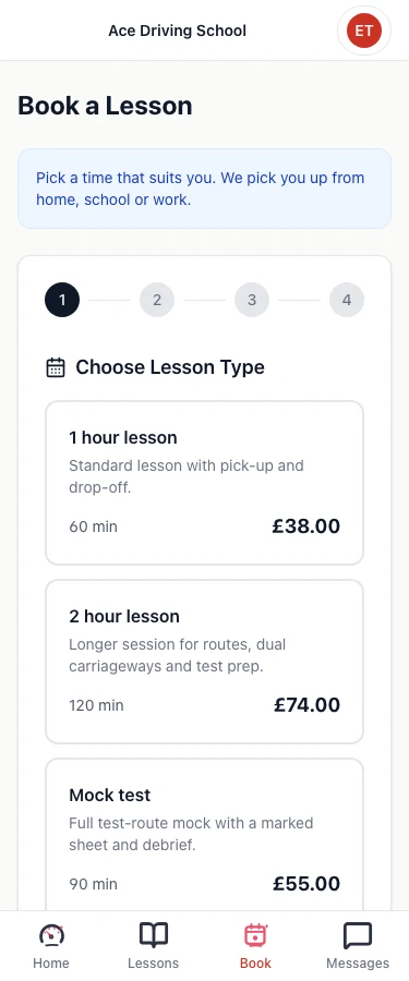 A pupil's booking screen on a phone at step one, Choose Lesson Type: a one hour lesson at £38, a two hour lesson at £74 and a mock test at £55.