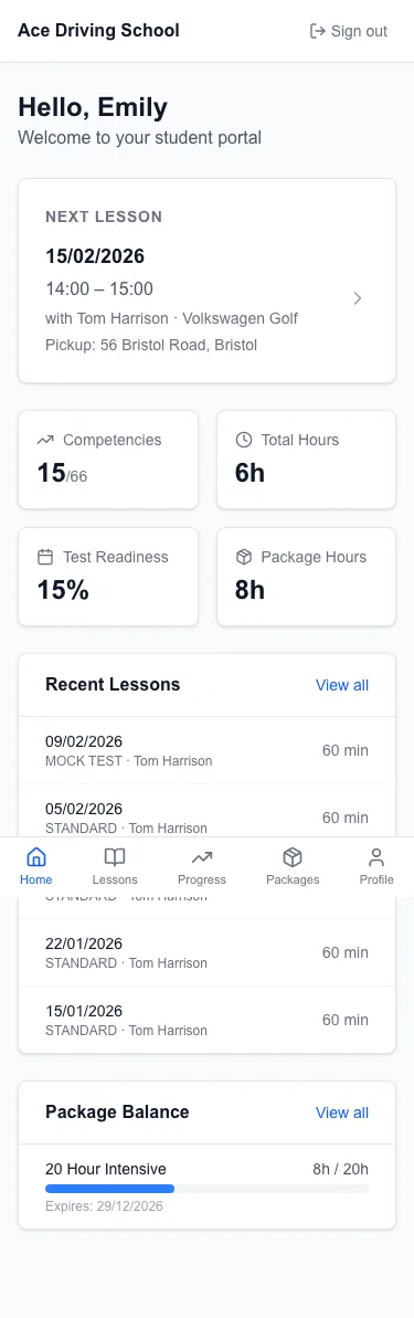 Student self-service portal on mobile showing upcoming lesson, progress summary, and active packages