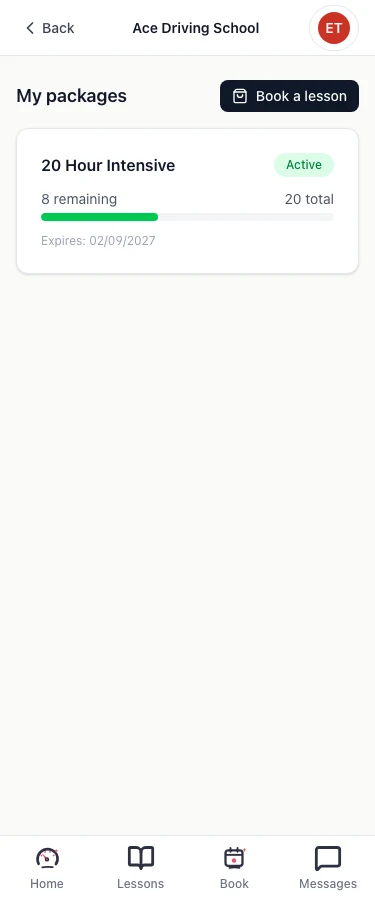 The pupil app's My packages screen: a 20 hour intensive package, active, with 8 of 20 remaining and an expiry date.