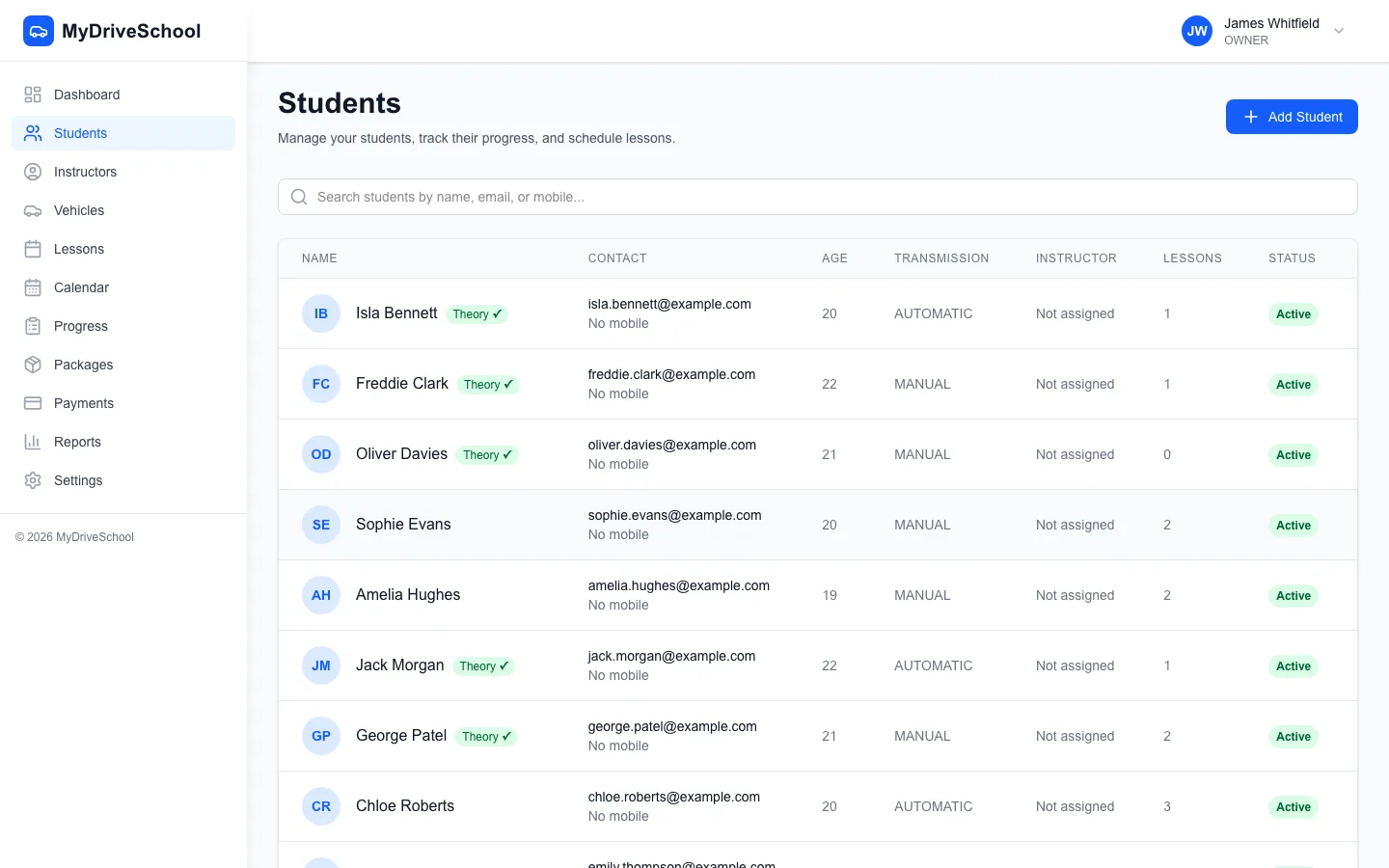 Student management page with search, status filters, and paginated student records