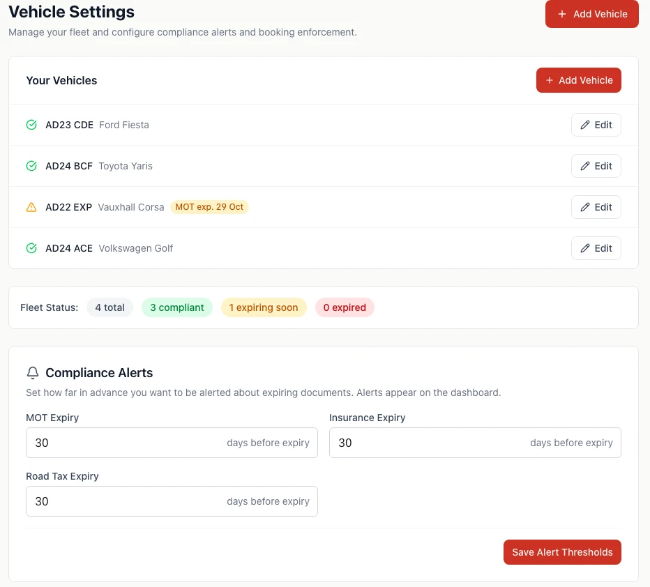 The vehicle settings screen: a list of four cars with one marked MOT expiring on 29 October, a fleet status of three compliant and one expiring soon, and MOT, insurance and road tax alert periods of 30 days each.
