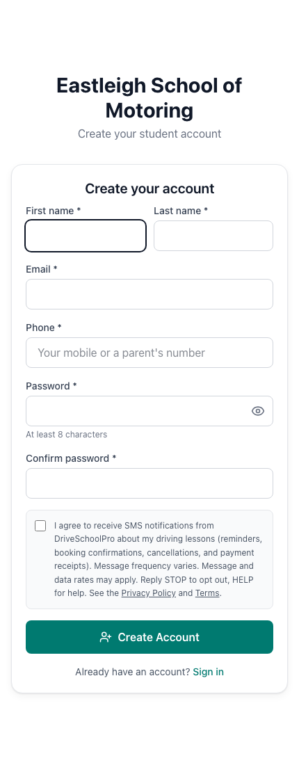 DriveSchoolPro student account form showing the SMS opt-in consent checkbox and disclosure wording